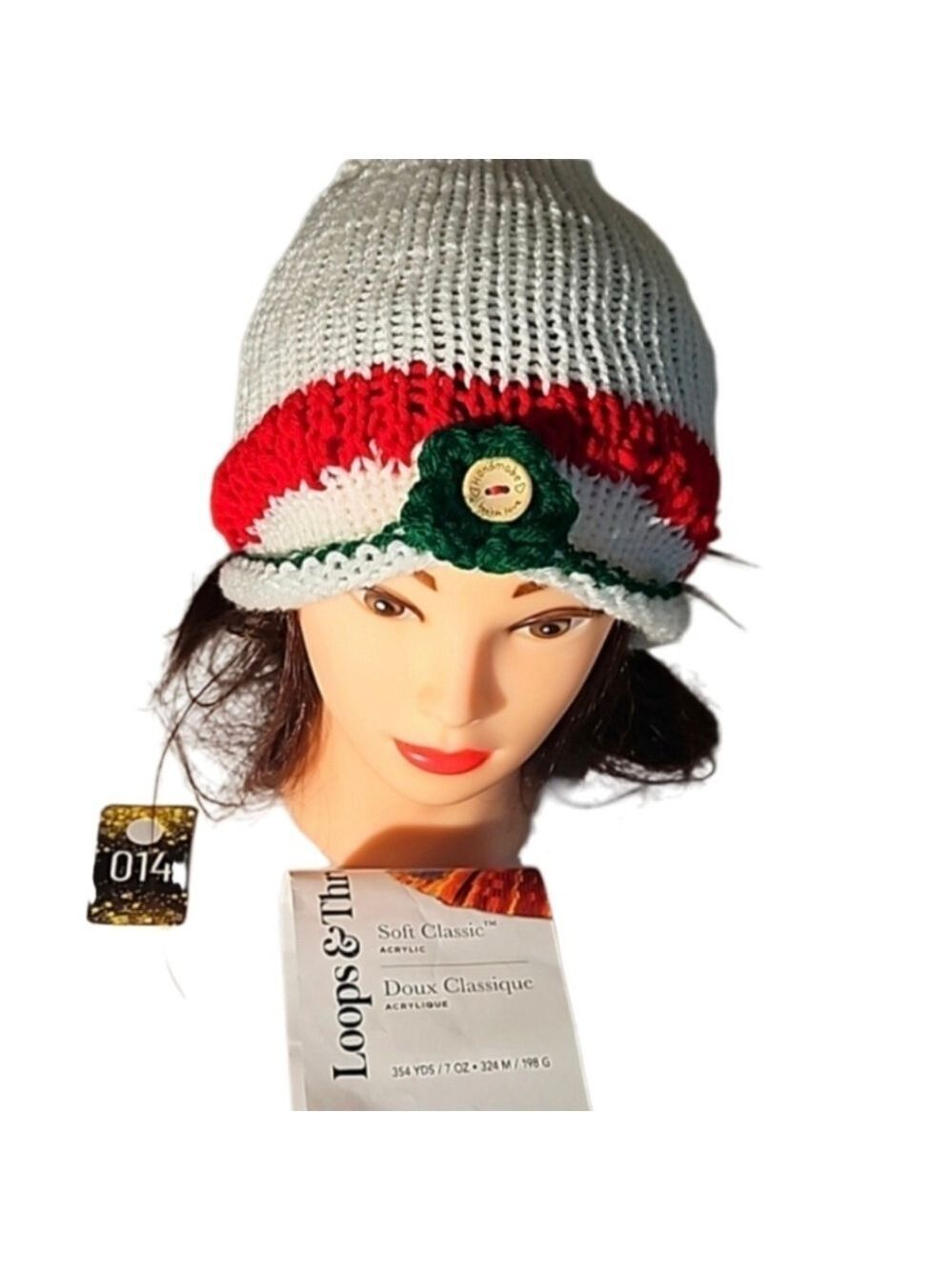 Hand Crafted Holiday Pom Pom Beanie Handmade white red and green floral detail